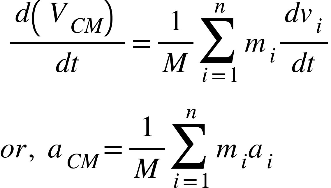 <math xmlns="http://www.w3.org/1998/Math/MathML"><mspace linebreak="newline"/><mo>&#xA0;</mo><mfrac><mrow><mi>d</mi><mfenced><msub><mi>V</mi><mrow><mi>C</mi><mi>M</mi></mrow></msub></mfenced></mrow><mrow><mi>d</mi><mi>t</mi></mrow></mfrac><mo>=</mo><mfrac><mn>1</mn><mi>M</mi></mfrac><munderover><mo>&#x2211;</mo><mrow><mi>i</mi><mo>=</mo><mn>1</mn></mrow><mi>n</mi></munderover><msub><mi>m</mi><mi>i</mi></msub><mfrac><mrow><mi>d</mi><msub><mi>v</mi><mi>i</mi></msub></mrow><mrow><mi>d</mi><mi>t</mi></mrow></mfrac><mspace linebreak="newline"/><mi>o</mi><mi>r</mi><mo>,</mo><mo>&#xA0;</mo><msub><mi>a</mi><mrow><mi>C</mi><mi>M</mi></mrow></msub><mo>=</mo><mfrac><mn>1</mn><mi>M</mi></mfrac><munderover><mo>&#x2211;</mo><mrow><mi>i</mi><mo>=</mo><mn>1</mn></mrow><mi>n</mi></munderover><msub><mi>m</mi><mi>i</mi></msub><msub><mi>a</mi><mi>i</mi></msub></math>