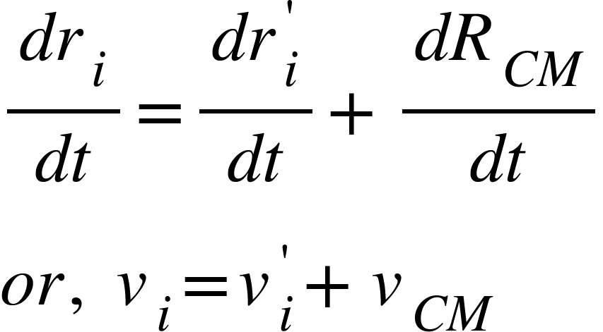 <math xmlns="http://www.w3.org/1998/Math/MathML"><mfrac><mrow><mi>d</mi><msub><mi>r</mi><mi>i</mi></msub></mrow><mrow><mi>d</mi><mi>t</mi></mrow></mfrac><mo>=</mo><mfrac><mstyle displaystyle="true"><mi>d</mi><msubsup><mi>r</mi><mi>i</mi><mo>'</mo></msubsup></mstyle><mrow><mi>d</mi><mi>t</mi></mrow></mfrac><mo>+</mo><mfrac><mstyle displaystyle="true"><mi>d</mi><msub><mi>R</mi><mrow><mi>C</mi><mi>M</mi></mrow></msub></mstyle><mrow><mi>d</mi><mi>t</mi></mrow></mfrac><mspace linebreak="newline"/><mi>o</mi><mi>r</mi><mo>,</mo><mo>&#xA0;</mo><msub><mi>v</mi><mi>i</mi></msub><mo>=</mo><msubsup><mi>v</mi><mi>i</mi><mo>'</mo></msubsup><mo>+</mo><msub><mi>v</mi><mrow><mi>C</mi><mi>M</mi></mrow></msub></math>