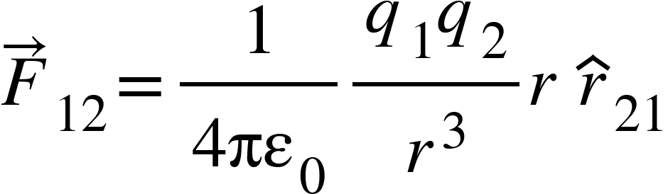 <math xmlns="http://www.w3.org/1998/Math/MathML"><msub><mover><mi>F</mi><mo>&#x2192;</mo></mover><mn>12</mn></msub><mo>=</mo><mfrac><mn>1</mn><mrow><mn>4</mn><msub><mi>&#x3C0;&#x3B5;</mi><mn>0</mn></msub></mrow></mfrac><mfrac><mrow><msub><mi>q</mi><mn>1</mn></msub><msub><mi>q</mi><mn>2</mn></msub></mrow><msup><mi>r</mi><mn>3</mn></msup></mfrac><mi>r</mi><mo>&#xA0;</mo><msub><mover><mi>r</mi><mo>^</mo></mover><mn>21</mn></msub></math>