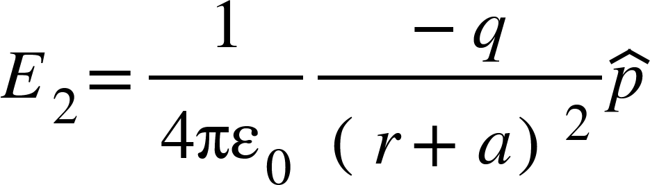 <math xmlns="http://www.w3.org/1998/Math/MathML"><msub><mi>E</mi><mn>2</mn></msub><mo>=</mo><mfrac><mn>1</mn><mrow><mn>4</mn><msub><mi>&#x3C0;&#x3B5;</mi><mn>0</mn></msub></mrow></mfrac><mfrac><mrow><mo>-</mo><mi>q</mi></mrow><msup><mfenced><mrow><mi>r</mi><mo>+</mo><mi>a</mi></mrow></mfenced><mn>2</mn></msup></mfrac><mover><mi>p</mi><mo>^</mo></mover></math>