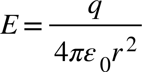 <math xmlns="http://www.w3.org/1998/Math/MathML"><mi>E</mi><mo>=</mo><mfrac><mi>q</mi><mrow><mn>4</mn><mi>&#x3C0;</mi><msub><mi>&#x3B5;</mi><mn>0</mn></msub><msup><mi>r</mi><mn>2</mn></msup></mrow></mfrac></math>