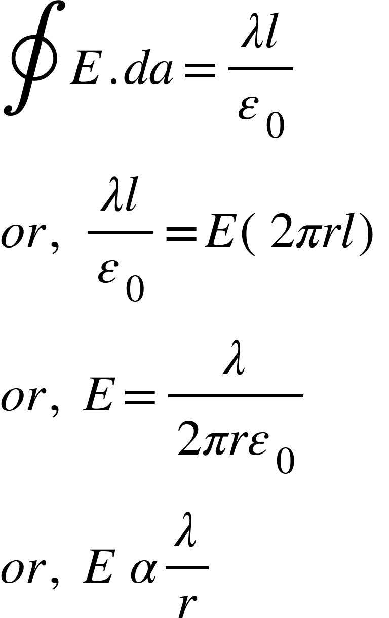 <math xmlns="http://www.w3.org/1998/Math/MathML"><mo>&#x222E;</mo><mi>E</mi><mo>.</mo><mi>d</mi><mi>a</mi><mo>=</mo><mfrac><mrow><mi>&#x3BB;</mi><mi>l</mi></mrow><msub><mi>&#x3B5;</mi><mn>0</mn></msub></mfrac><mspace linebreak="newline"/><mi>o</mi><mi>r</mi><mo>,</mo><mo>&#xA0;</mo><mfrac><mrow><mi>&#x3BB;</mi><mi>l</mi></mrow><msub><mi>&#x3B5;</mi><mn>0</mn></msub></mfrac><mo>=</mo><mi>E</mi><mfenced><mrow><mn>2</mn><mi>&#x3C0;</mi><mi>r</mi><mi>l</mi></mrow></mfenced><mspace linebreak="newline"/><mi>o</mi><mi>r</mi><mo>,</mo><mo>&#xA0;</mo><mi>E</mi><mo>=</mo><mfrac><mi>&#x3BB;</mi><mrow><mn>2</mn><mi>&#x3C0;</mi><mi>r</mi><msub><mi>&#x3B5;</mi><mn>0</mn></msub></mrow></mfrac><mspace linebreak="newline"/><mi>o</mi><mi>r</mi><mo>,</mo><mo>&#xA0;</mo><mi>E</mi><mo>&#xA0;</mo><mi>&#x3B1;</mi><mfrac><mi>&#x3BB;</mi><mi>r</mi></mfrac></math>