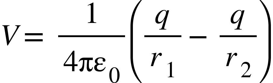 <math xmlns="http://www.w3.org/1998/Math/MathML"><mi>V</mi><mo>=</mo><mo>&#xA0;</mo><mfrac><mn>1</mn><mrow><mn>4</mn><msub><mi>&#x3C0;&#x3B5;</mi><mn>0</mn></msub></mrow></mfrac><mfenced><mrow><mfrac><mi>q</mi><msub><mi>r</mi><mn>1</mn></msub></mfrac><mo>-</mo><mfrac><mi>q</mi><msub><mi>r</mi><mn>2</mn></msub></mfrac></mrow></mfenced></math>