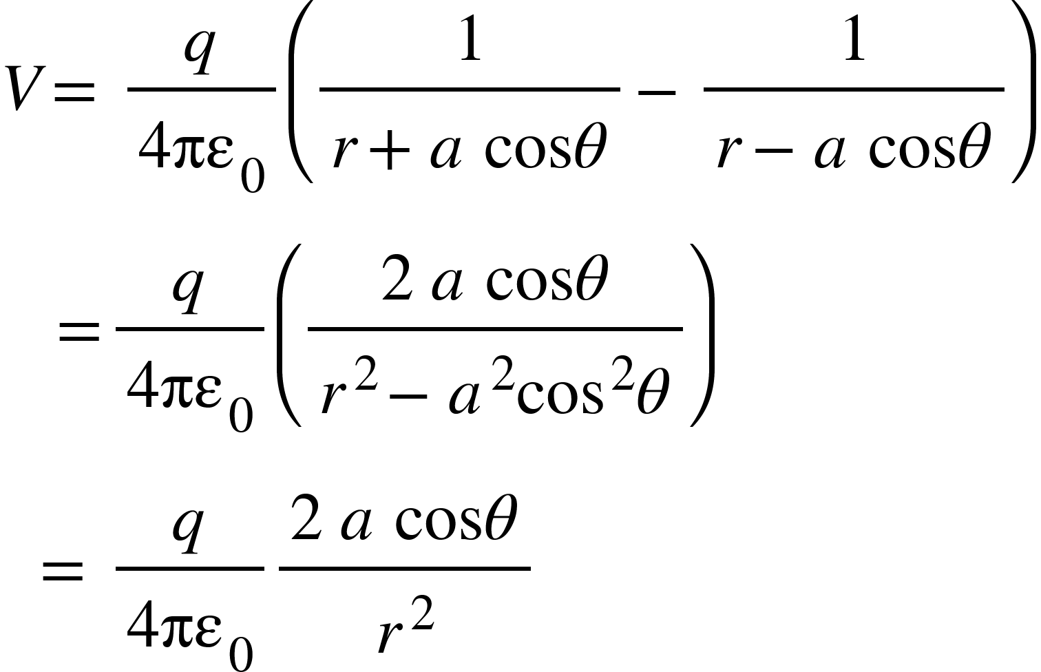 <math xmlns="http://www.w3.org/1998/Math/MathML"><mi>V</mi><mo>=</mo><mo>&#xA0;</mo><mfrac><mi>q</mi><mrow><mn>4</mn><msub><mi>&#x3C0;&#x3B5;</mi><mn>0</mn></msub></mrow></mfrac><mfenced><mrow><mfrac><mn>1</mn><mrow><mi>r</mi><mo>+</mo><mi>a</mi><mo>&#xA0;</mo><mi>cos</mi><mi>&#x3B8;</mi></mrow></mfrac><mo>-</mo><mfrac><mn>1</mn><mrow><mi>r</mi><mo>-</mo><mi>a</mi><mo>&#xA0;</mo><mi>cos</mi><mi>&#x3B8;</mi></mrow></mfrac></mrow></mfenced><mspace linebreak="newline"/><mo>&#xA0;</mo><mo>&#xA0;</mo><mo>&#xA0;</mo><mo>=</mo><mfrac><mi>q</mi><mrow><mn>4</mn><msub><mi>&#x3C0;&#x3B5;</mi><mn>0</mn></msub></mrow></mfrac><mfenced><mfrac><mrow><mn>2</mn><mo>&#xA0;</mo><mi>a</mi><mo>&#xA0;</mo><mi>cos</mi><mi>&#x3B8;</mi></mrow><mrow><msup><mi>r</mi><mn>2</mn></msup><mo>-</mo><msup><mi>a</mi><mn>2</mn></msup><msup><mi>cos</mi><mn>2</mn></msup><mi>&#x3B8;</mi></mrow></mfrac></mfenced><mspace linebreak="newline"/><mo>&#xA0;</mo><mo>&#xA0;</mo><mo>=</mo><mo>&#xA0;</mo><mfrac><mi>q</mi><mrow><mn>4</mn><msub><mi>&#x3C0;&#x3B5;</mi><mn>0</mn></msub></mrow></mfrac><mfrac><mrow><mn>2</mn><mo>&#xA0;</mo><mi>a</mi><mo>&#xA0;</mo><mi>cos</mi><mi>&#x3B8;</mi></mrow><msup><mi>r</mi><mn>2</mn></msup></mfrac></math>