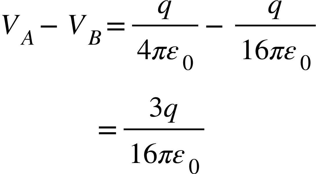 <math xmlns="http://www.w3.org/1998/Math/MathML"><msub><mi>V</mi><mi>A</mi></msub><mo>-</mo><msub><mi>V</mi><mi>B</mi></msub><mo>=</mo><mfrac><mi>q</mi><mrow><mn>4</mn><mi>&#x3C0;</mi><msub><mi>&#x3B5;</mi><mn>0</mn></msub></mrow></mfrac><mo>-</mo><mfrac><mi>q</mi><mrow><mn>16</mn><mi>&#x3C0;</mi><msub><mi>&#x3B5;</mi><mn>0</mn></msub></mrow></mfrac><mspace linebreak="newline"/><mo>&#xA0;</mo><mo>&#xA0;</mo><mo>&#xA0;</mo><mo>&#xA0;</mo><mo>&#xA0;</mo><mo>&#xA0;</mo><mo>&#xA0;</mo><mo>&#xA0;</mo><mo>&#xA0;</mo><mo>&#xA0;</mo><mo>&#xA0;</mo><mo>&#xA0;</mo><mo>&#xA0;</mo><mo>=</mo><mfrac><mrow><mn>3</mn><mi>q</mi></mrow><mrow><mn>16</mn><mi>&#x3C0;</mi><msub><mi>&#x3B5;</mi><mn>0</mn></msub></mrow></mfrac></math>