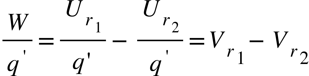 <math xmlns="http://www.w3.org/1998/Math/MathML"><mfrac><mi>W</mi><msup><mi>q</mi><mo>'</mo></msup></mfrac><mo>=</mo><mfrac><msub><mi>U</mi><msub><mi>r</mi><mn>1</mn></msub></msub><mrow><mi>q</mi><mo>'</mo></mrow></mfrac><mo>-</mo><mfrac><msub><mi>U</mi><msub><mi>r</mi><mn>2</mn></msub></msub><msup><mi>q</mi><mo>'</mo></msup></mfrac><mo>=</mo><msub><msub><mi>V</mi><mi>r</mi></msub><mn>1</mn></msub><mo>-</mo><msub><msub><mi>V</mi><mi>r</mi></msub><mn>2</mn></msub></math>