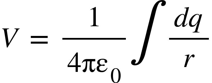 <math xmlns="http://www.w3.org/1998/Math/MathML"><mi>V</mi><mo>&#xA0;</mo><mo>=</mo><mo>&#xA0;</mo><mfrac><mn>1</mn><mrow><mn>4</mn><msub><mi>&#x3C0;&#x3B5;</mi><mn>0</mn></msub></mrow></mfrac><mo>&#x222B;</mo><mfrac><mrow><mi>d</mi><mi>q</mi></mrow><mi>r</mi></mfrac></math>