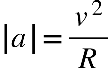 <math xmlns="http://www.w3.org/1998/Math/MathML"><mfenced open="|" close="|"><mi>a</mi></mfenced><mo>=</mo><mfrac><msup><mi>v</mi><mn>2</mn></msup><mi>R</mi></mfrac></math>